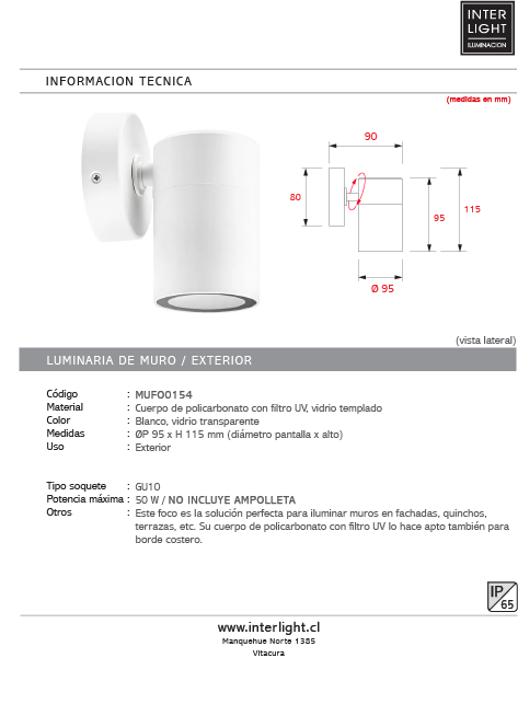 Foco de muro policarbonato blanco GU10 IP65 - MUFO0154
