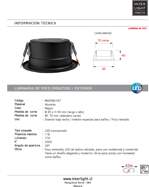 Foco embutido retraído para baño negro 3000K  IP44 7W  LED - MUFO0157