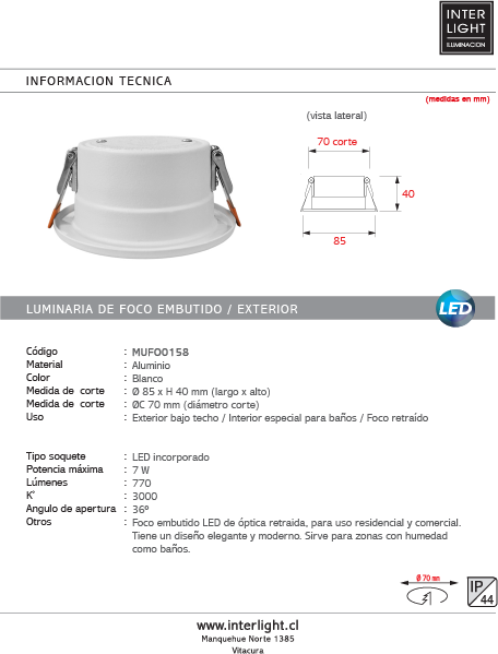 Foco embutido retraído para baño blanco 3000K  IP44 7W  LED - MUFO0158
