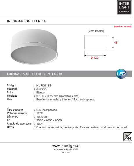 Foco metal blanco sobrepuesto Ø 12x4,5 cm LED 12W IP44 -3000K-4000K-6000K - MUFO0159