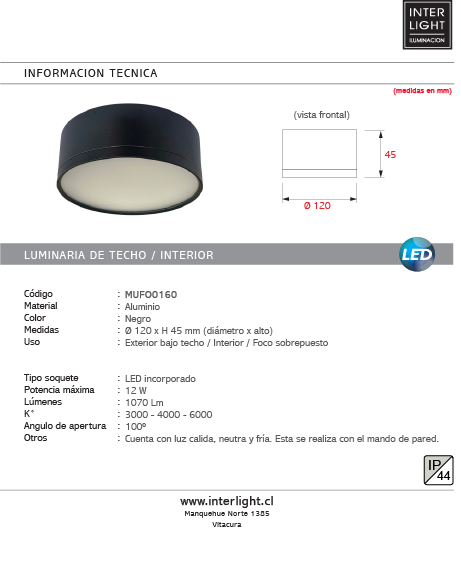 Foco metal negro sobrepuesto Ø 12x4,5 cm LED 12W IP44-3000K - 4000K - 6000K - MUFO0160