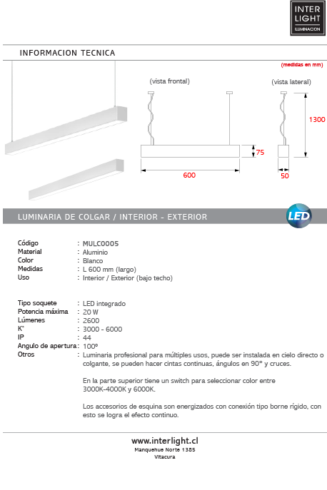 Lámpara colgante y para sobreponer blanco 20W - 60cm 2600lm 3K-4K-6K - MULC0005