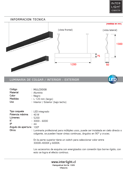 Lámpara colgante y para sobreponer negro 120cm 3K 4K 6K  40W  LED - MULC0008