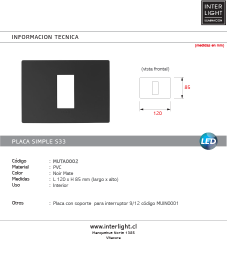Placa 1 puesto noir mate con soporte - MUTA0002