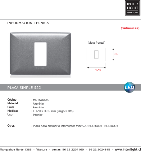 Placa aluminio 1 puestos con soporte- MUTA0005