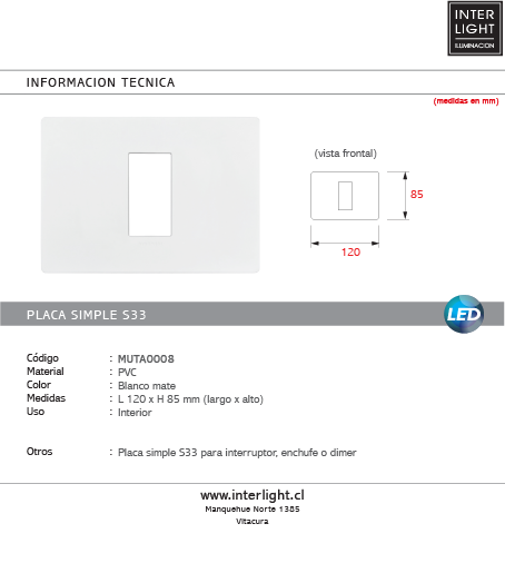 Placa 1 puesto blanco mate con soporte - MUTA0008