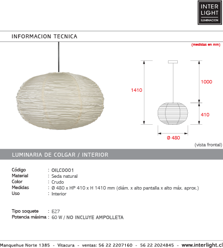 Lámpara colgante seda natural Ø 48x41 cm E27 - OILC0001 - DISPONIBLE EXCLUSIVAMENTE EN TIENDA