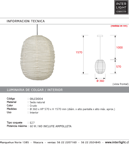 Lámpara colgante seda natural Ø 36x57 cm E27 - OILC0004 - DISPONIBLE EXCLUSIVAMENTE EN TIENDA