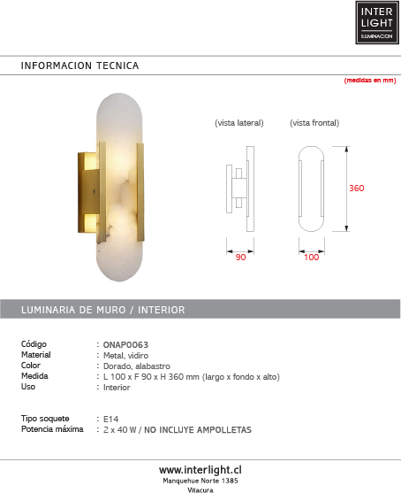 Aplique metal negro alabastro 10x36 cm 2 luces E14 - ONAP0063