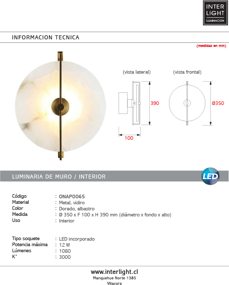 Aplique metal dorado alabastro Ø35x39 cm 12W 3000k LED - ONAP0065