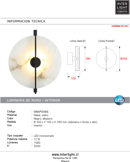 Aplique metal negro alabastro Ø35x39 cm 12W 3000k LED - ONAP0066