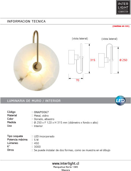 Aplique metal dorado alabastro Ø25x31,5 cm 5W 3000k LED - ONAP0067