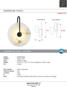 Aplique metal alabastro negro Ø25x31,5 cm 5W 3000k LED - ONAP0068