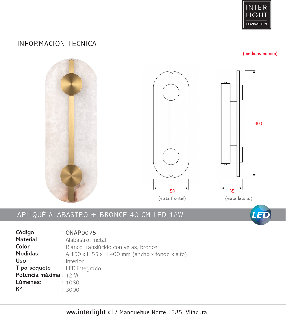 Aplique alabastro + bronce 40 cm LED 2x6W - ONAP0075