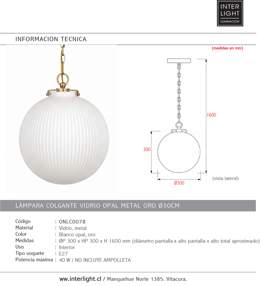 Lámpara colgante vidrio opal metal oro Ø30cm E27 - ONLC0078