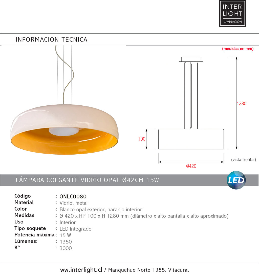 Lámpara colgante vidrio opal Ø42cm 15W - ONLC0080