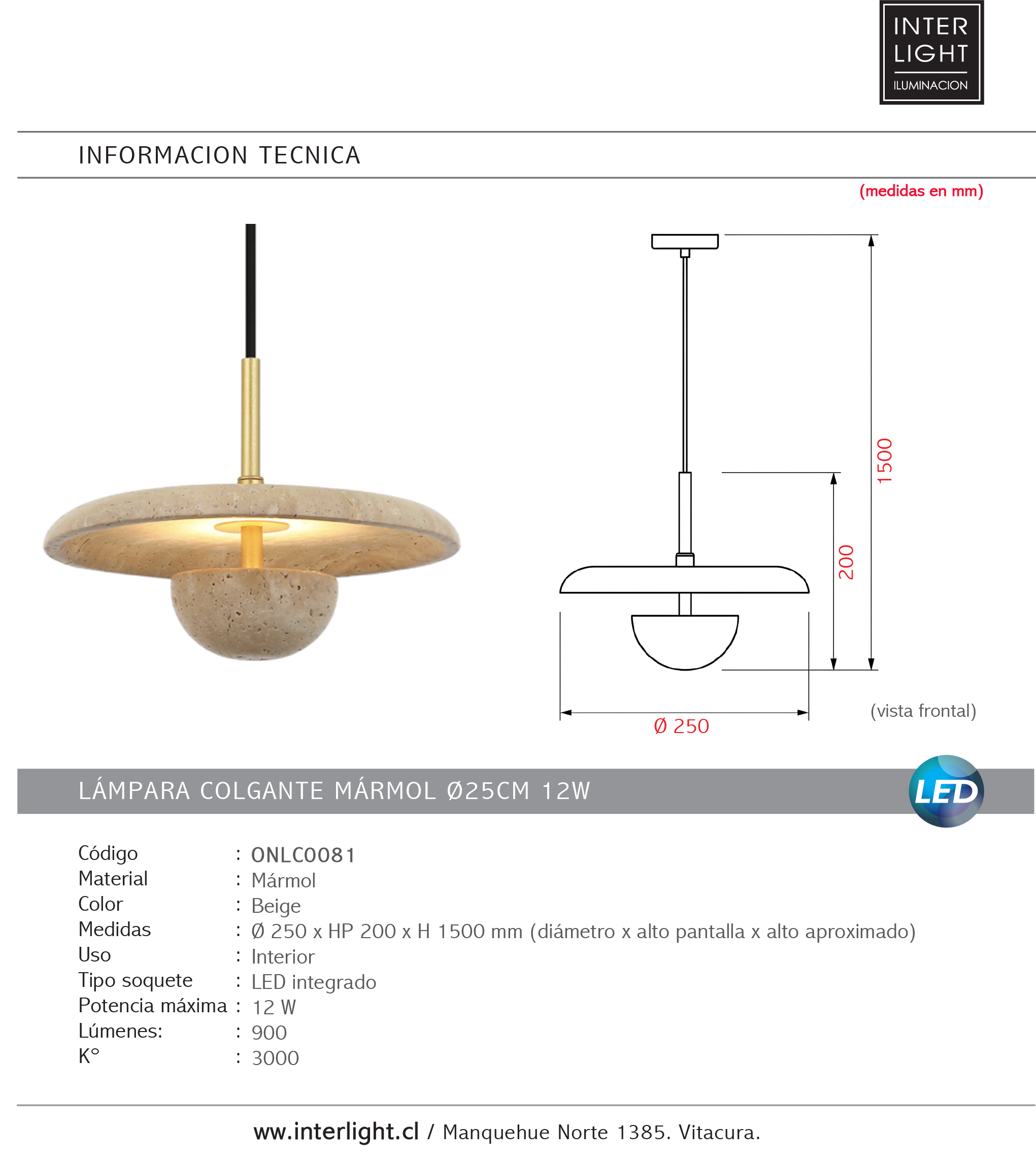 Lámpara colgante mármol Ø25cm 12W - ONLC0081