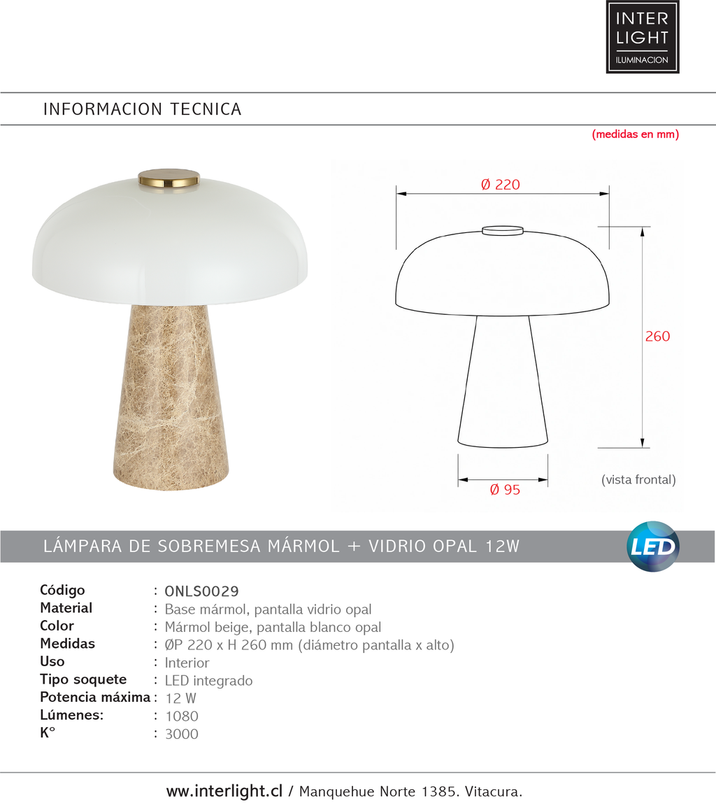 Lámpara de sobremesa mármol + vidrio opal 12W - ONLS0029