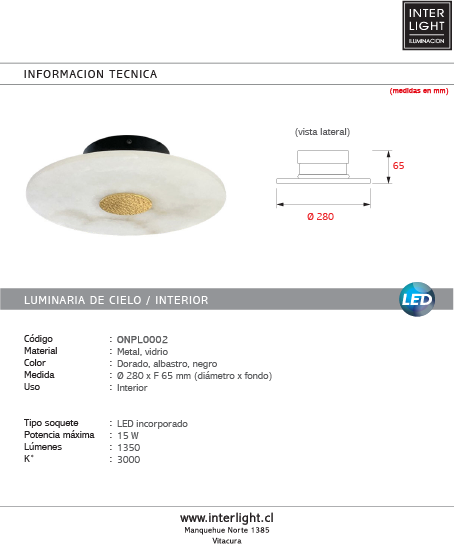 Plafón alabastro oro Ø28x6.5 cm 15W 3000k LED - ONPL0002