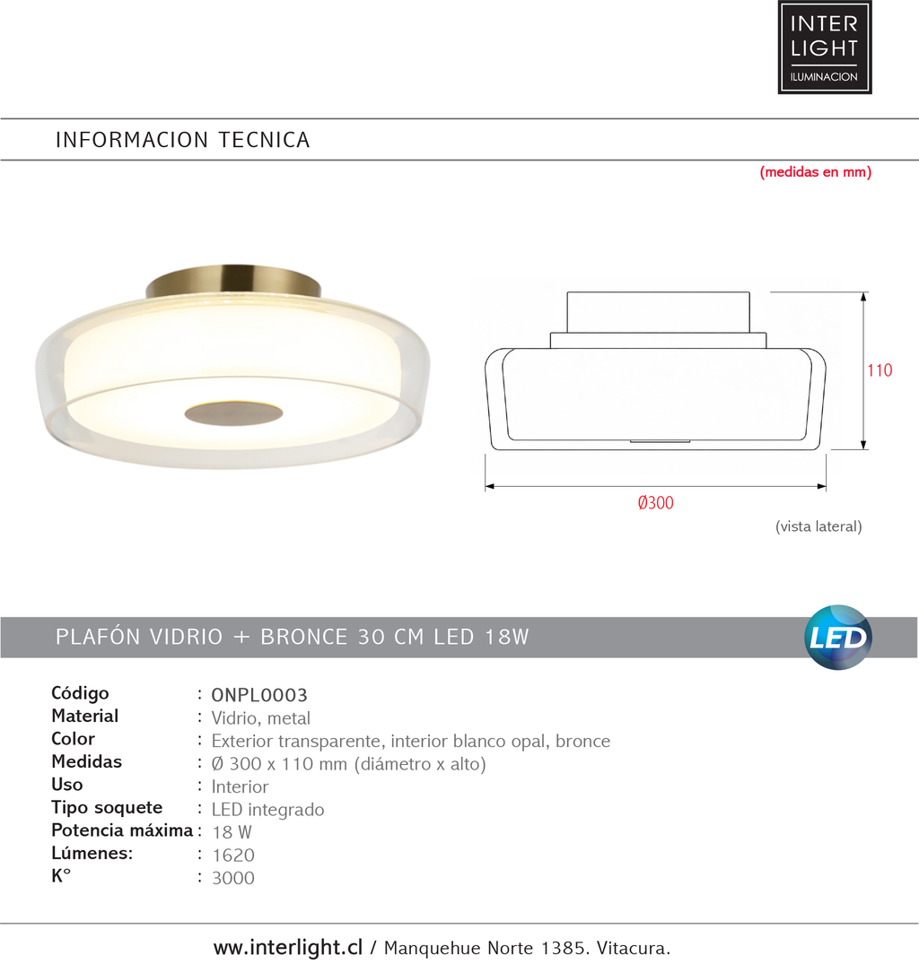 Plafón vidrio + bronce 30 cm LED 18W  - ONPL0003