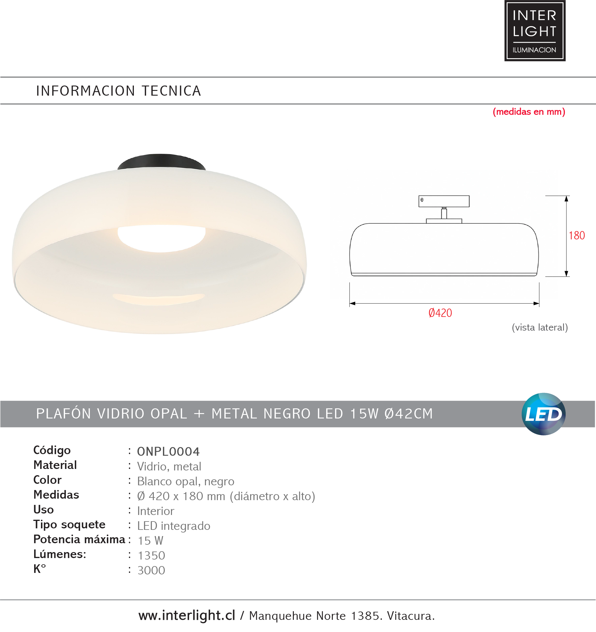 Plafón vidrio opal + metal negro LED 15W Ø42cm - ONPL0004
