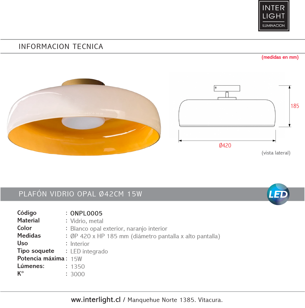 Plafón vidrio opal Ø42cm 15W - ONPL0005