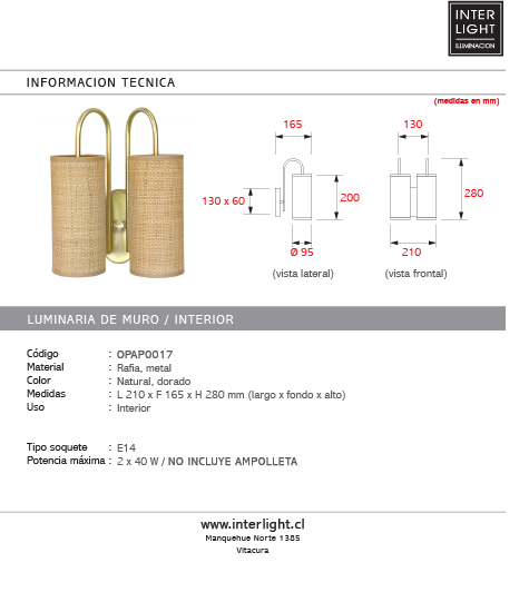 Aplique rafia natural metal dorado 23x11x30 cm 2 luces E14 - OPAP0017