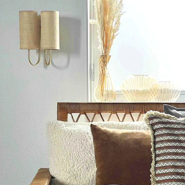 Aplique rafia natural metal dorado 23x11x30 cm 2 luces E14 - OPAP0017