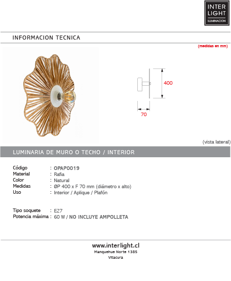 Aplique plafón rafia natural Ø40cm   E27 - OPAP0019