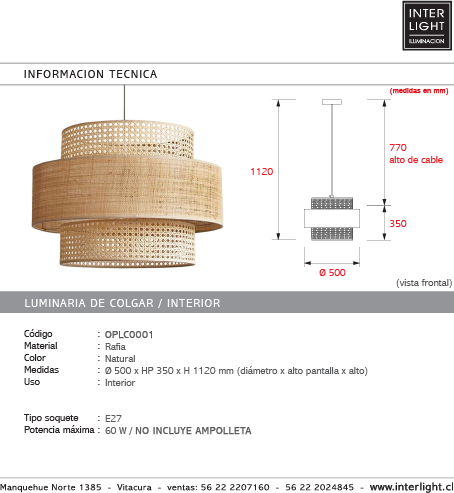 Lámpara colgante rafia natural Ø50x35cm E27 - OPLC0001