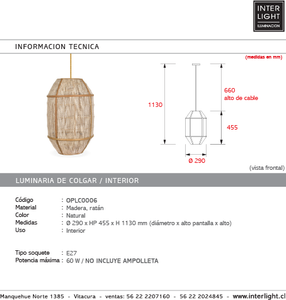 Lámpara colgante madera ratán natural Ø29x45,5cm E27 - OPLC0006
