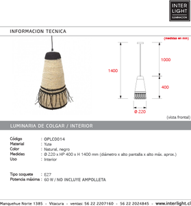 Lámpara colgante yute natural negro 20x40cm E27 - OPLC0014