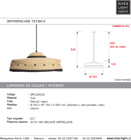 Lámpara colgante yute natural negro Ø45x16 cm E27 - OPLC0020