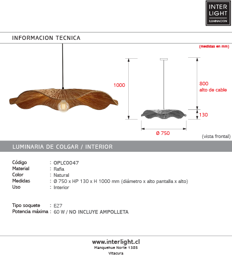 Lámpara colgante rafia natural Ø75x13 cm E27 - OPLC0047