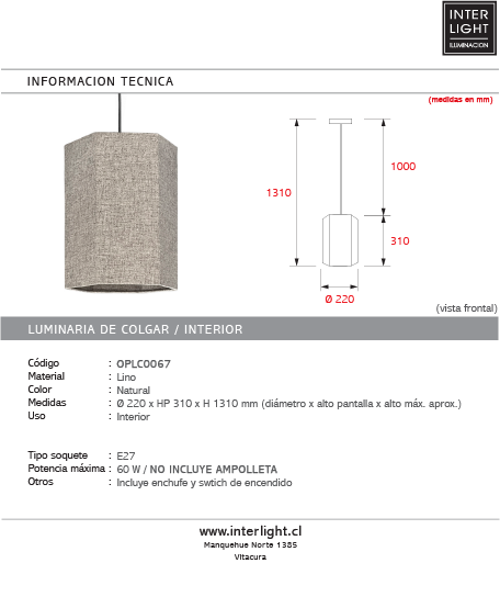 Lámpara colgante lino natural Ø22 cm E27 - OPLC0067