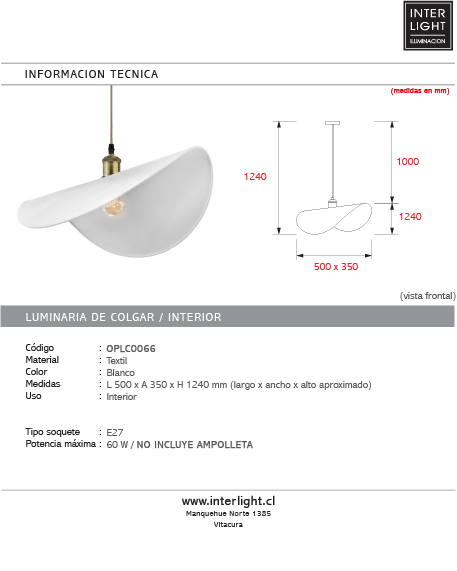 Lámpara colgante textil blanco 50x35cm E27 - OPLC0075