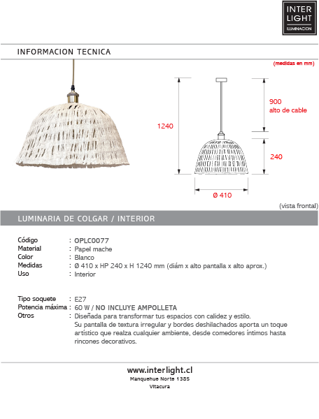 Lampara colgante papel mache Ø41x24cm E27 - OPLC0077