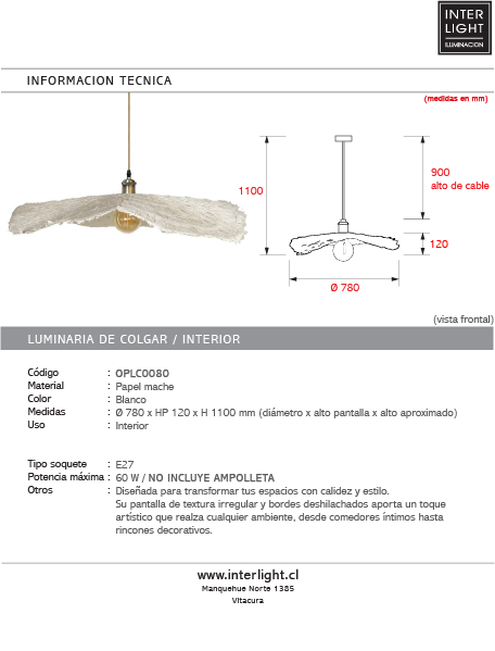 Lampara colgante papel mache Ø78x12cm E27 - OPLC0080
