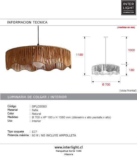 Lámpara colgante rafia natural Ø70x18 cm E27 - OPLC0083