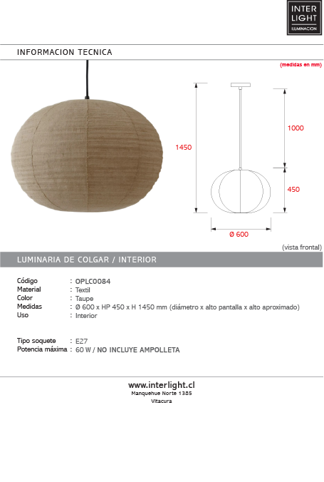 Lámpara colgante textil taupe Ø60x45cm E27 - OPLC0084