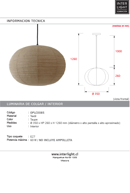 Lámpara colgante textil taupe Ø35x26cm E27 - OPLC0085