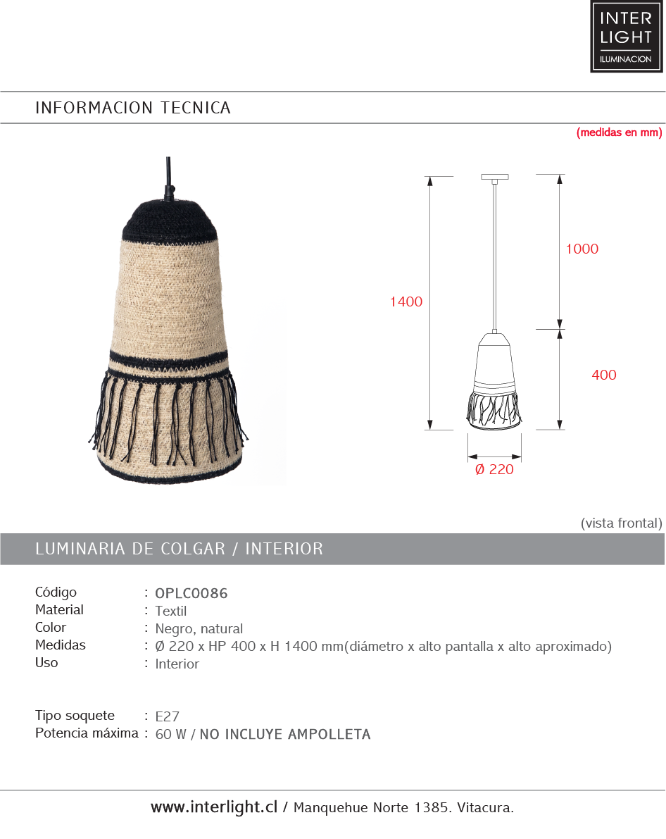 Lámpara colgante textil negro natural Ø22x40cm E27 - OPLC0086