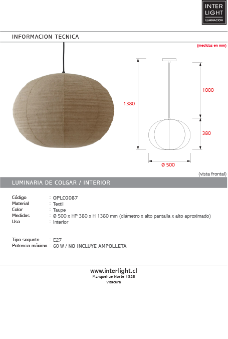 Lámpara colgante textil taupe Ø50x38cm E27 - OPLC0087