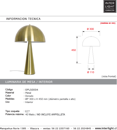 Lámpara sobremesa metal dorado 30x45 cm E27 - OPLS0004