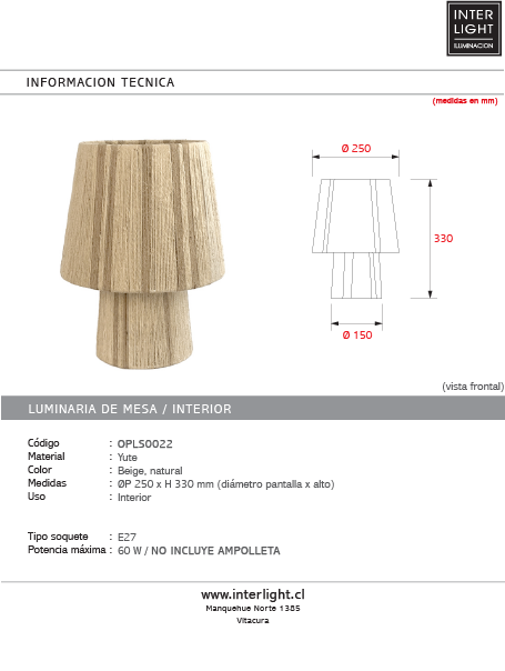 Lámpara sobremesa yute beige natural Ø25x33 cm E27 - OPLS0022