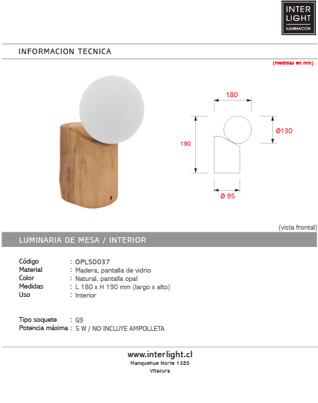 Lámpara de mesa madera natural pantalla vidrio opal  18x19 cm G9 - OPLS0037