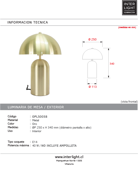 Lámpara de mesa metal oro Ø25x36 cm E14 - OPLS0038