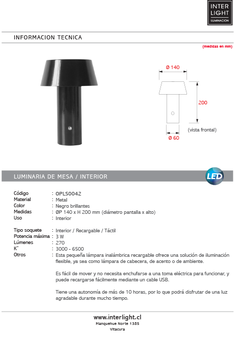 Lámpara de mesa negro recargable  Ø14x20 cm  3W LED - OPLS0042