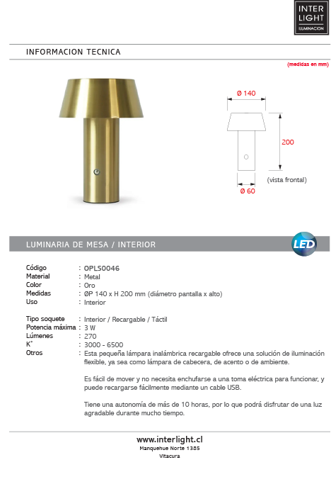 Lámpara de mesa metal  oro recargable  Ø14x20cm  3W LED - OPLS0046