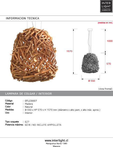 Lámpara colgante madera natural Ø55x57 cm E27 - OTLC0007